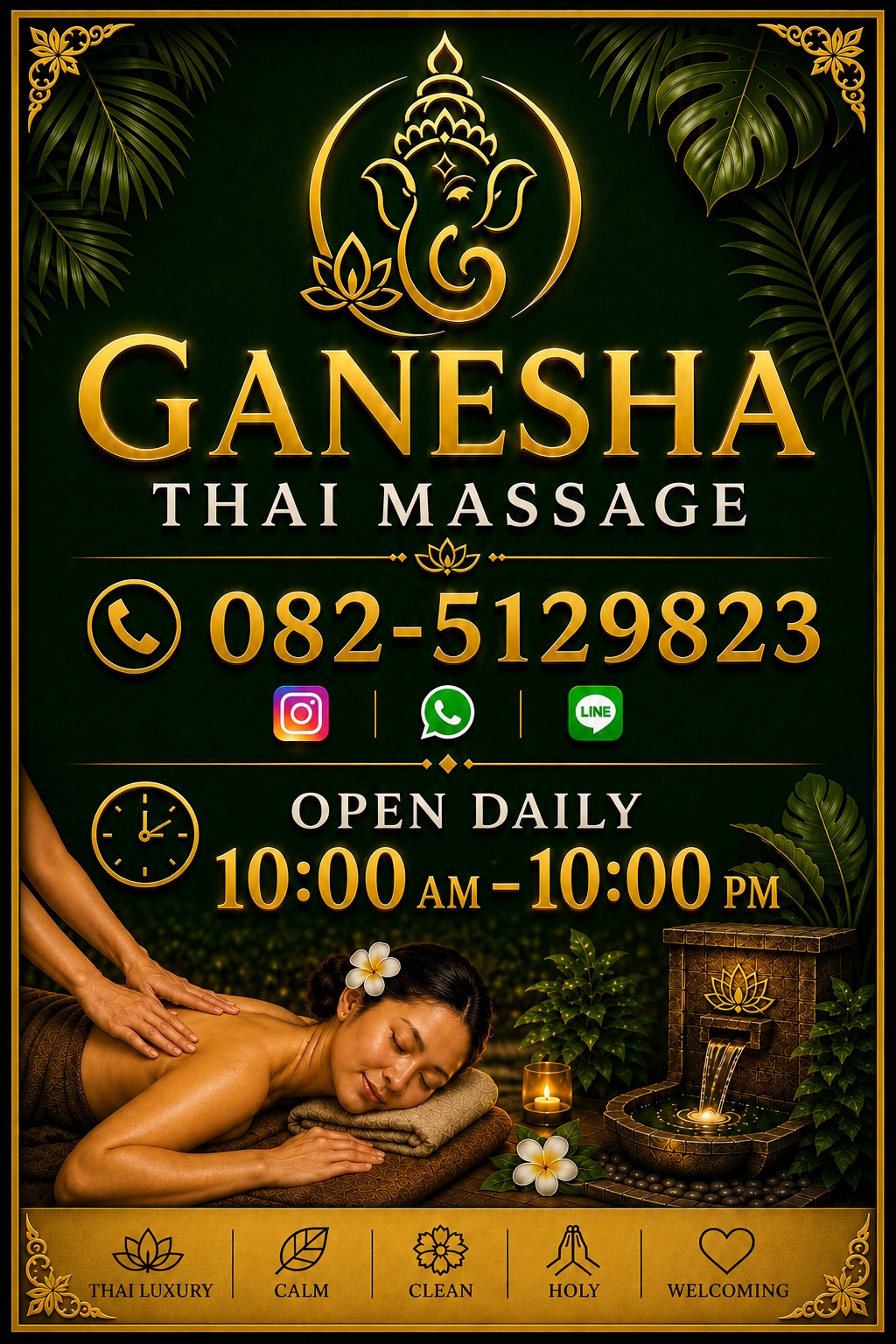 Relaxing Thai massage, candlelight, tropical plants and water feature